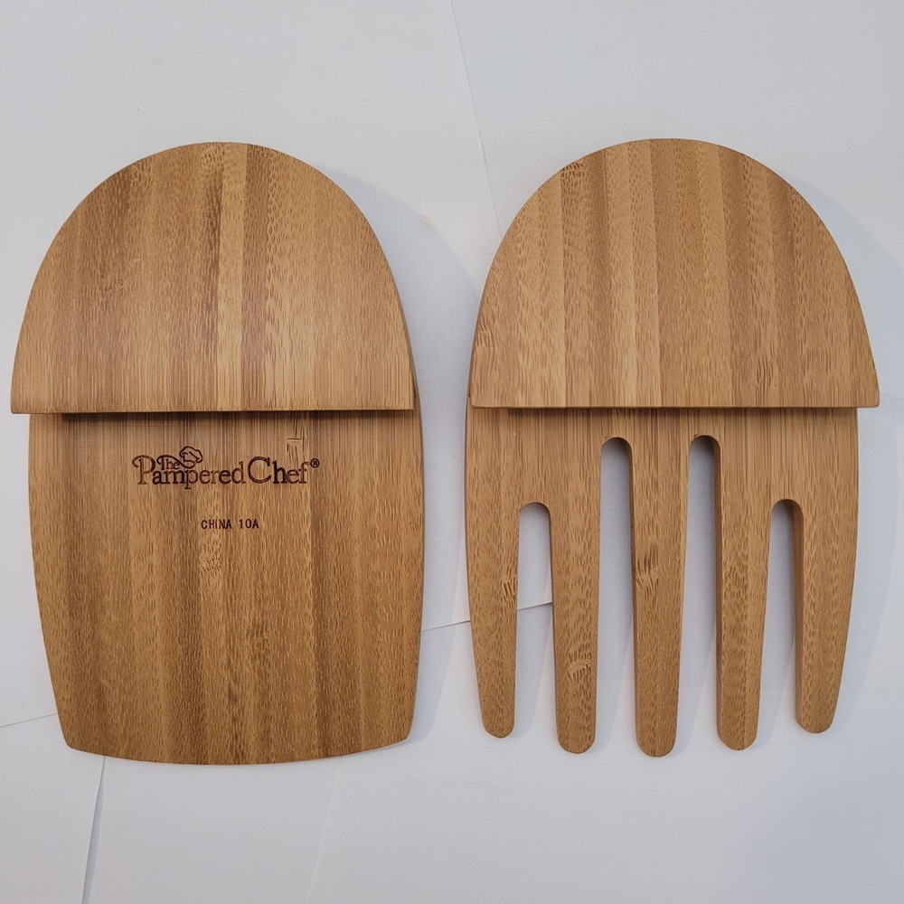 Pampered Chef Bamboo Salad Hands‎ Servers Unisex Brown Wood Tossing Tools 10A